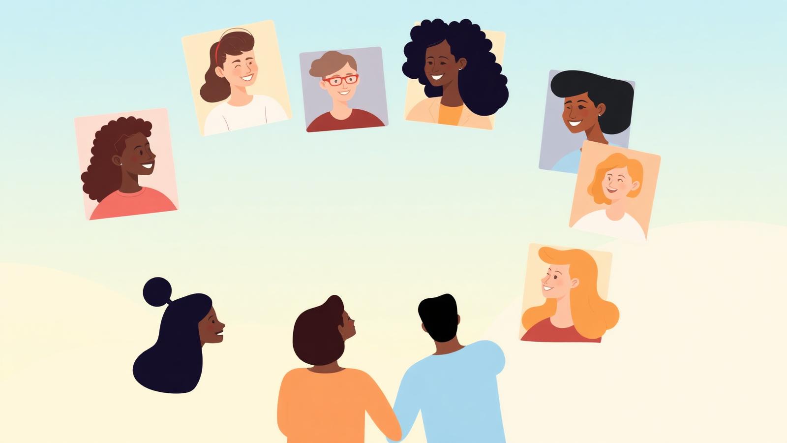 Illustration of a diverse group connected in a video call